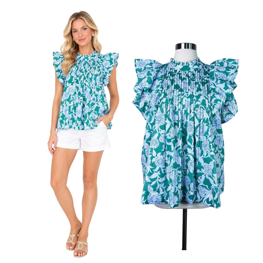 J.Marie | Tuckernuck Green Blue Floral Ruffle Pleated Cotton Blouse Top XL